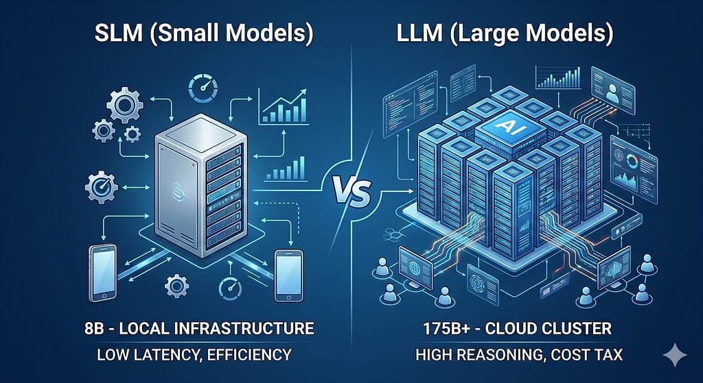 SLMs vs LLMs conceptual comparison showing local 8B infrastructure versus 175B cloud clusters
