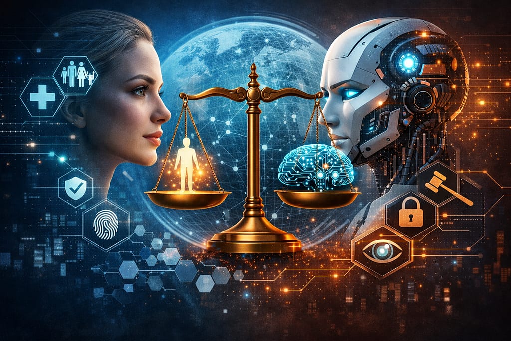 Ai And Ethical Considerations 2 AI and ethical considerations concept showing human values, safety, and responsible AI