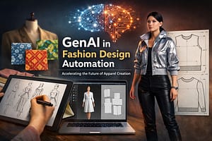 Genai In Fashion Design Automation 19 GenAI in fashion design automation showing AI-assisted sketching, textile patterns, and 3D garment prototyping