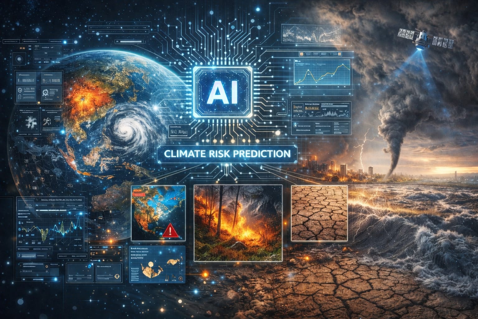 AI climate risk prediction model visualizing floods droughts and wildfires