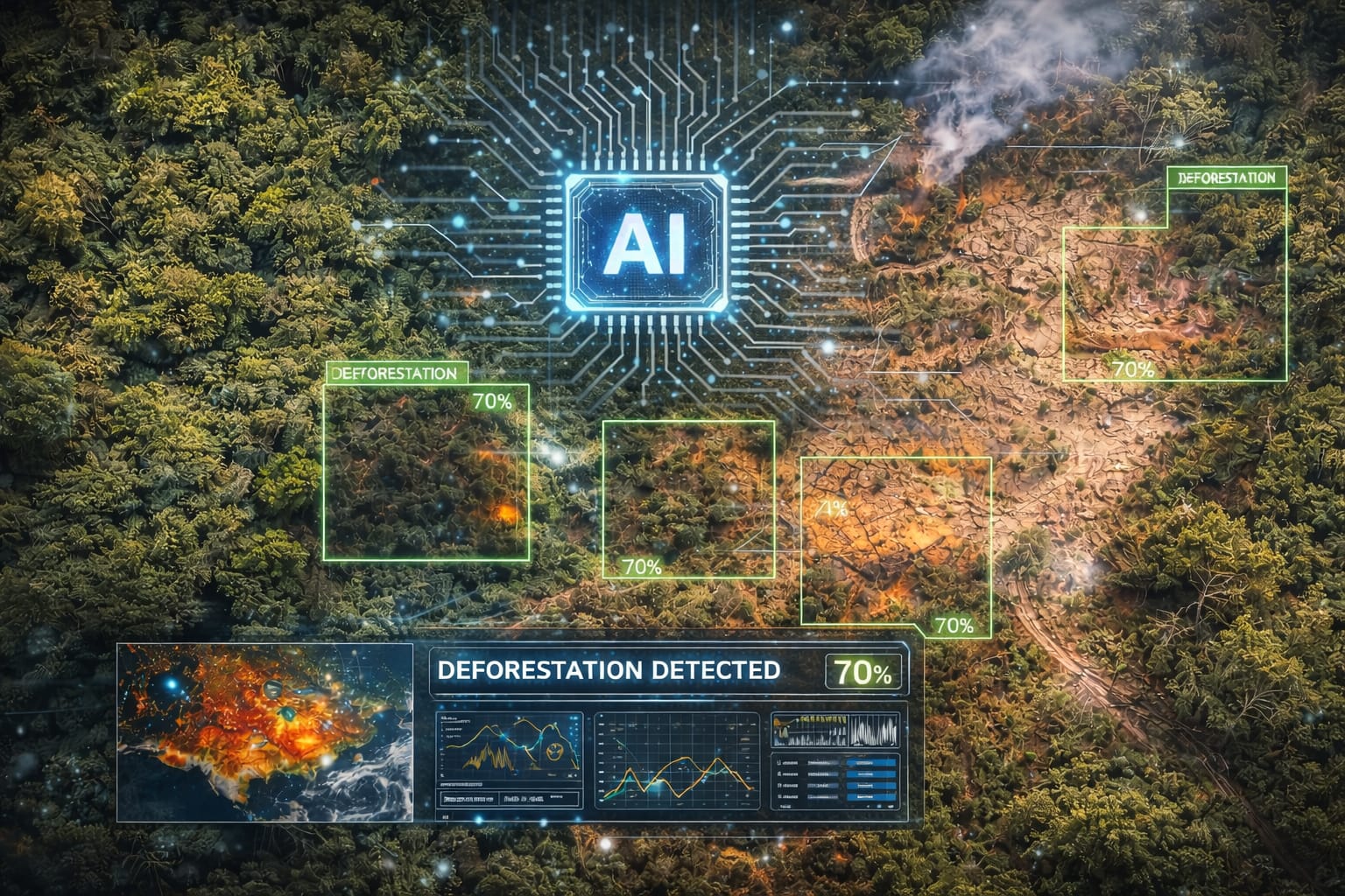 AI detecting deforestation patterns using satellite imagery